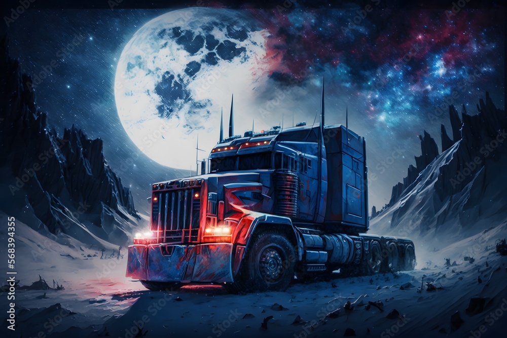 Truck in snow moonlight created using Generative AI Technology Truck in snow moonlight created using Generative AI Technology