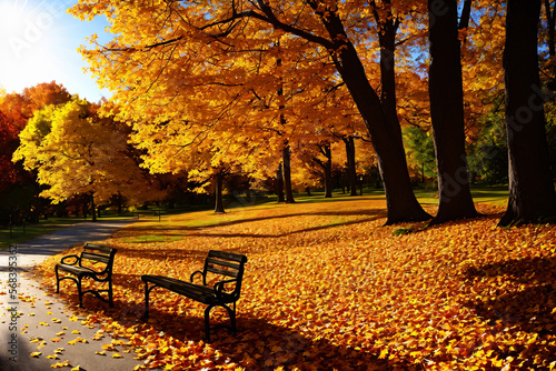 Golden Autumn in the Park - A Beautiful Scene of Trees and a Bench in Sunlight Generative AI
