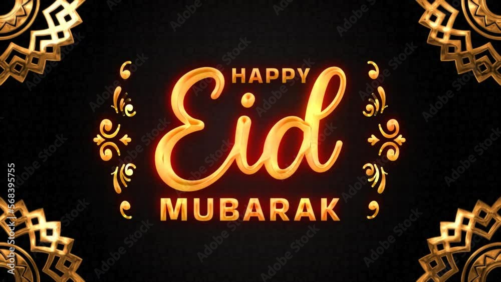 happy eid mubarak text animation in gold color with flare effect on black background. ied mubarak greeting card. 4k video.