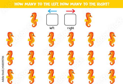 Left or right with cute seahorse. Logical worksheet for preschoolers.