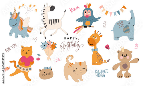 Fototapeta Naklejka Na Ścianę i Meble -  Cute vector animals,applicable for birthday cards,banners,invitations.Vector illustration.