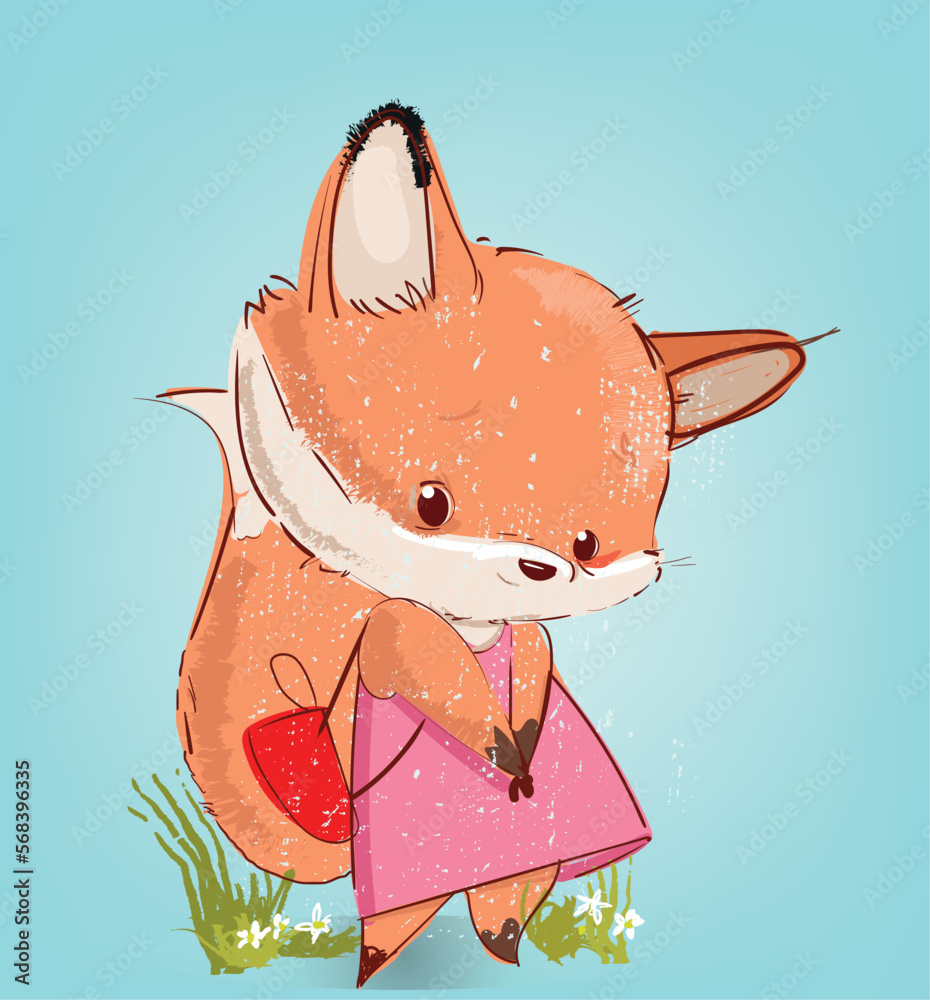 cute cartoon lady fox with pink dress Stock Vector | Adobe Stock