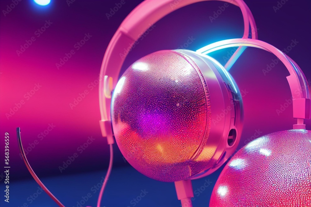Illustrazione Stock disco ball and headphones on pink backgournd. Concept  for party and celebration. Generative AI | Adobe Stock