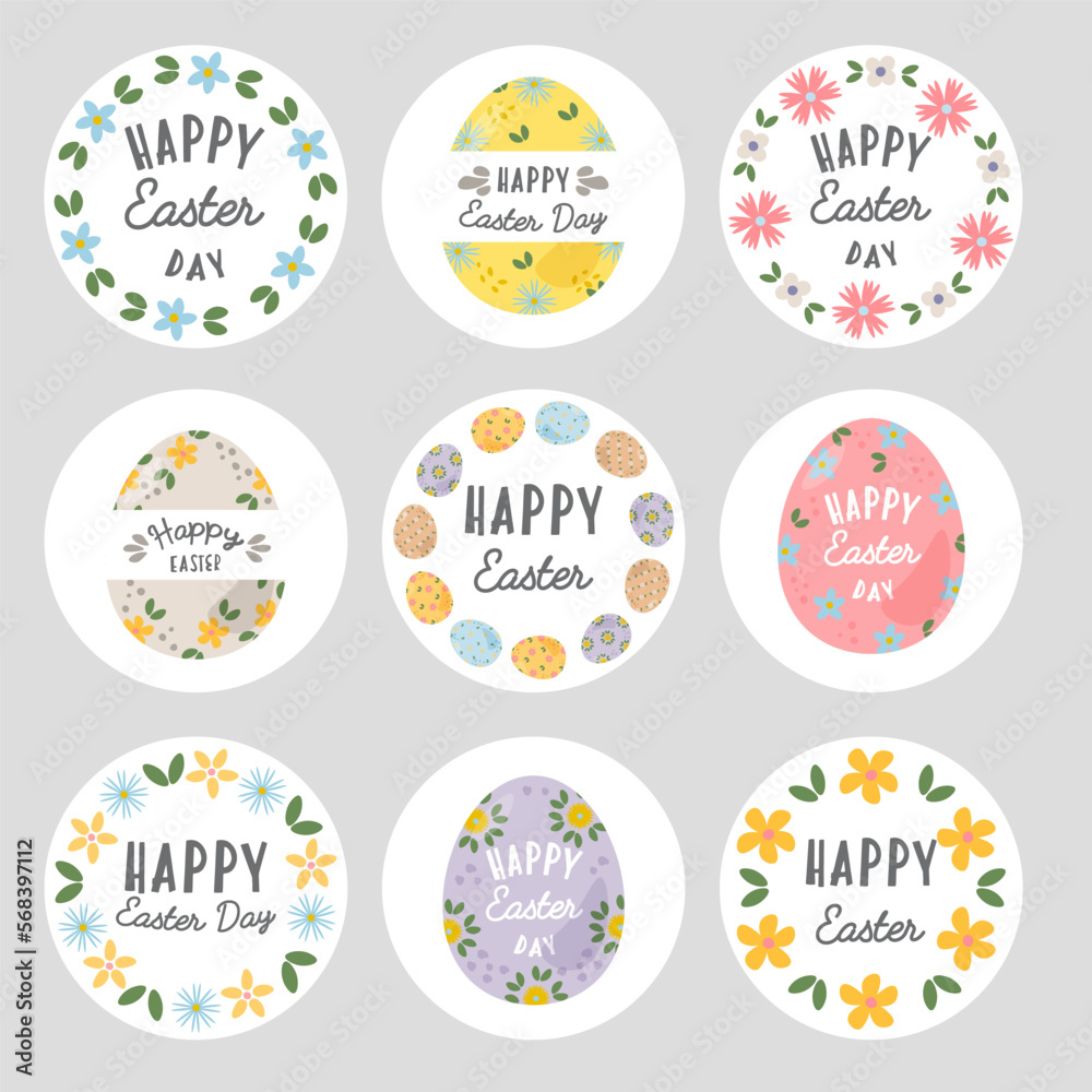 Easter badges and labels vector design elements set. Stickers Easter templates and objects, eggs, flowers. Happy Easter typography messages. Easter lettering floral frames and hand drawn elements.