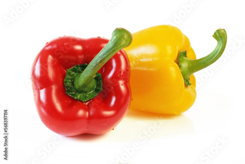 yellow and red bell peppers set isolated on white background, sweet peppers collection.