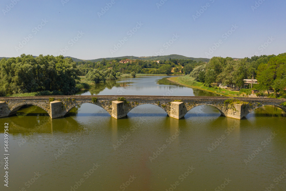 Drone photography of old antique bridge and river in Italy Tuscany Drone photography of old antique bridge and river in Italy Tuscany