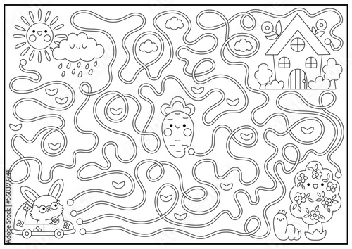 Easter black and white maze for kids. Spring holiday preschool printable activity with kawaii car with bunny  country house. Garden labyrinth game  puzzle or coloring page with cute characters.