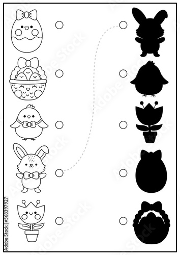 Easter black and white shadow matching activity with cute kawaii holiday symbols. Spring shape recognition puzzle. Find correct silhouette printable worksheet. Garden coloring page.