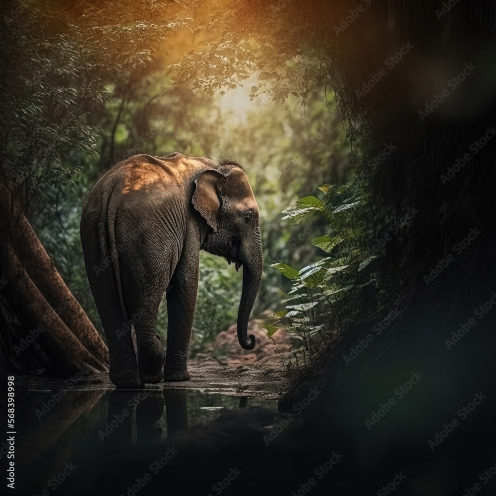 Fototapeta premium Elefant in seinem natürlichen Lebensraum, moody, Wildtier Portrait, magisches Bokeh erstellt durch generative AI 