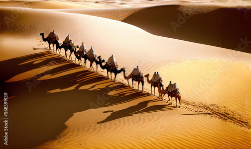 People with camels walking in the desert at sunset, long caravan on the sand dunes, aerial view. AI generative