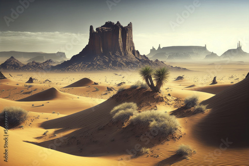 Sand dunes in desert landscape, desert vegetation. Generative AI