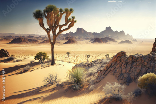 Sand dunes in desert landscape, desert cacti. Generative AI