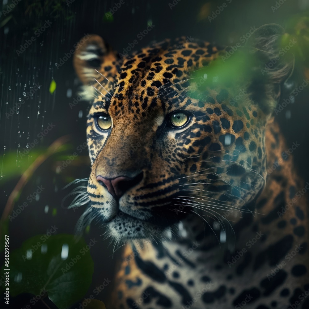 Leopard in seinem natürlichen Lebensraum, moody, Wildtier Portrait, magisches Bokeh
erstellt durch generative AI
