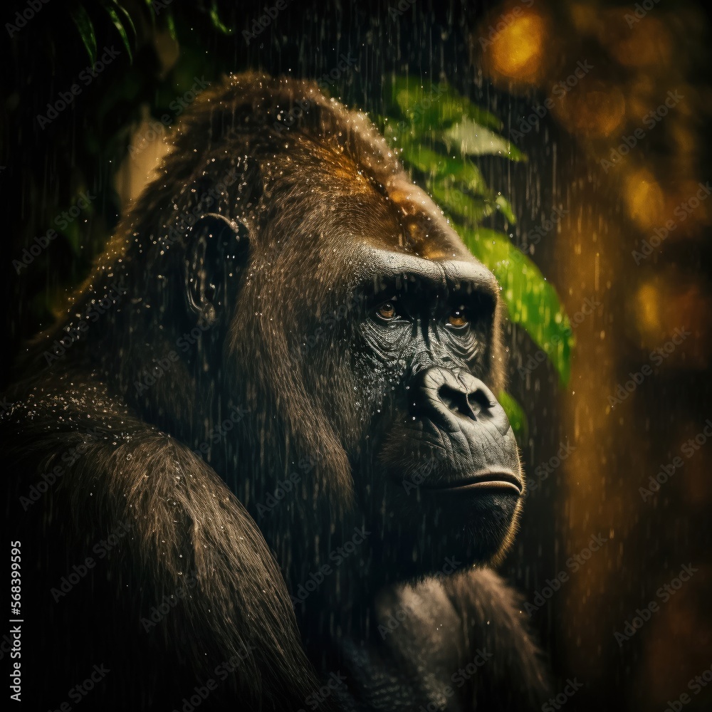 Obraz premium Gorilla in seinem natürlichen Lebensraum, moody, Wildtier Portrait, magisches Bokeh erstellt durch generative AI 
