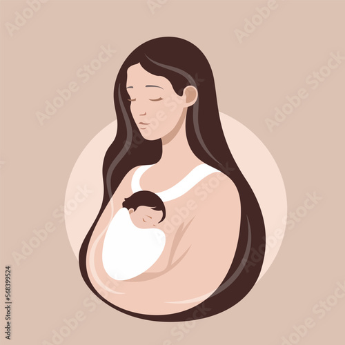 Woman holding her infant baby in her arms. Logo symbol of motherhood and love. Card for the Happy Mother's Day. Mom and newborn baby. Touching portrait. 