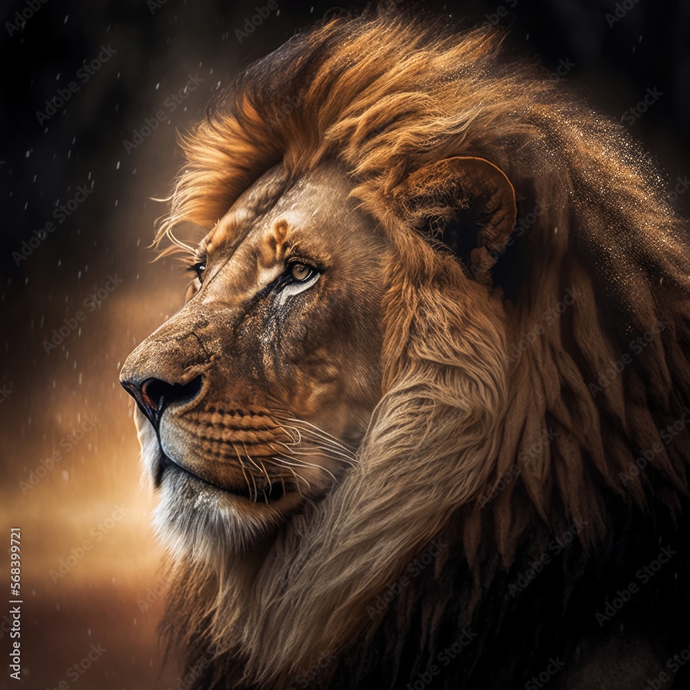 Löwe in seinem natürlichen Lebensraum, moody, Wildtier Portrait, magisches Bokeh
erstellt durch generative AI