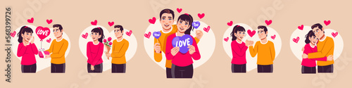 Valentine s day character set. Friend to couple progress. Couples in love celebrate Valentine s day or anniversary. Cuddling man and woman characters  celebrating and smiling. Flat-style vector scene