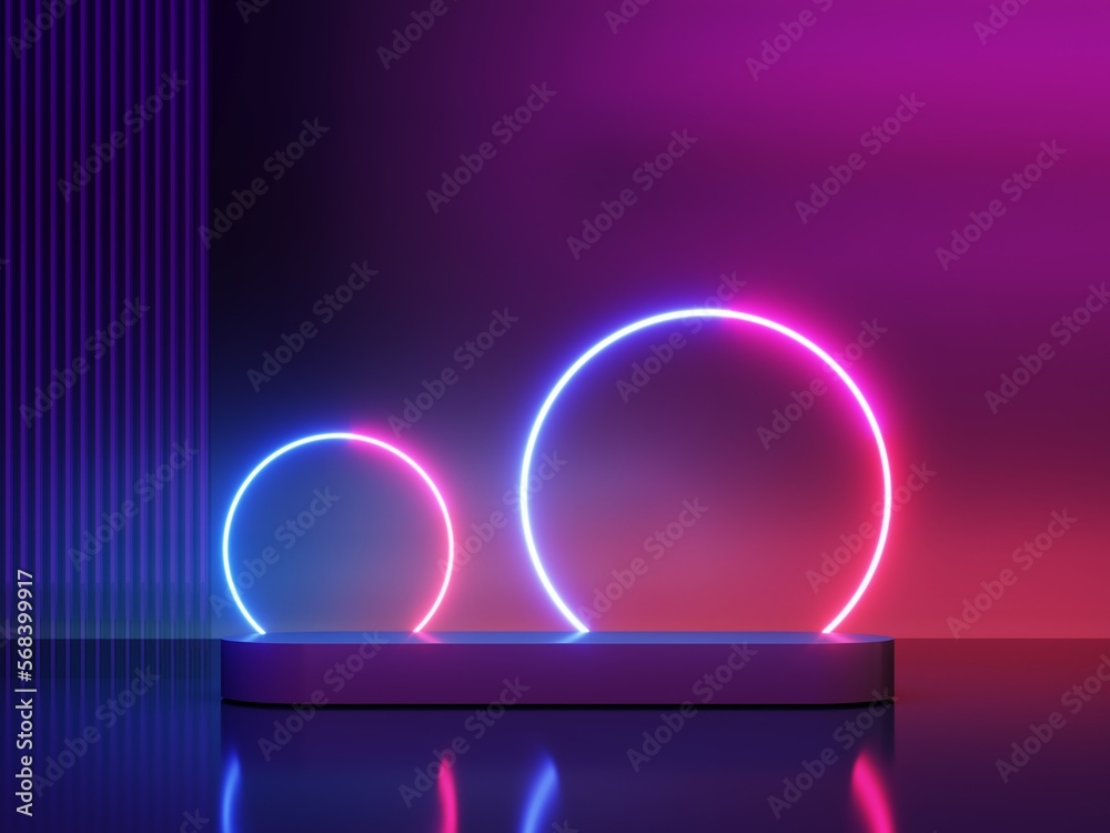 Empty luminous showcase, stand, display for presentations, advertising of technological products, gadgets. Abstract neon background with glowing geometric shapes, objects, arch frame - 3d render. Empty luminous showcase, stand, display for presentations, advertising of technological products, gadgets. Abstract neon background with glowing geometric shapes, objects, arch frame - 3d render.
