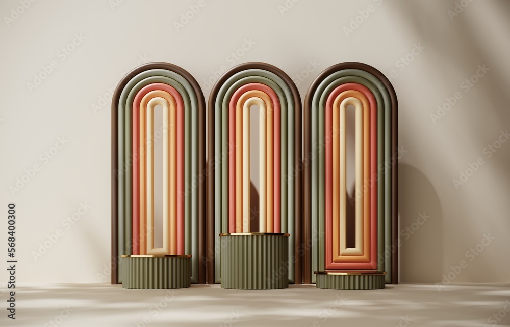 3d render arch frame and podium, stand, display in in retro vintage style, 1970s background. Minimal aesthetic showcase, mock up for exhibitions and product presentation. 3d render arch frame and podium, stand, display in in retro vintage style, 1970s background. Minimal aesthetic showcase, mock up for exhibitions and product presentation.