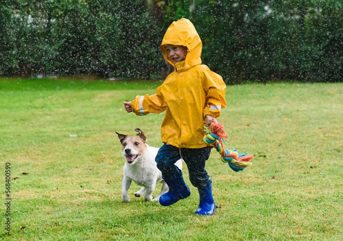Quadro su tela Child playing with family pet dog on backyard lawn under spring rain