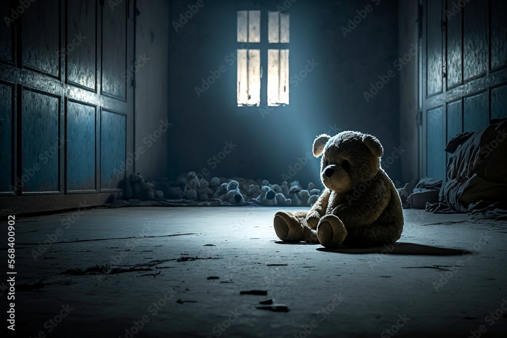A teddy bear sitting on the floor of a dark, abandoned room. Mysterious, scary place. No love, poverty, fear, child loneliness  - concept. Ai llustration, fantasy digital, artificial intelligence - obrazy, fototapety, plakaty 