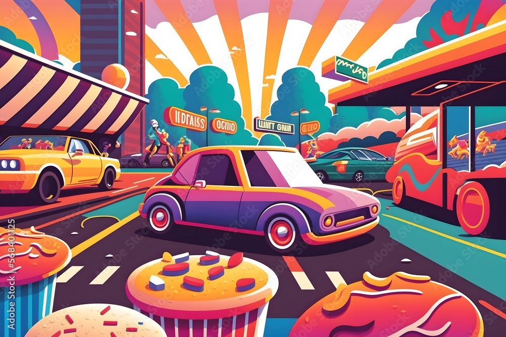 retro car drive thru cartoon created using Generative AI Technology ...