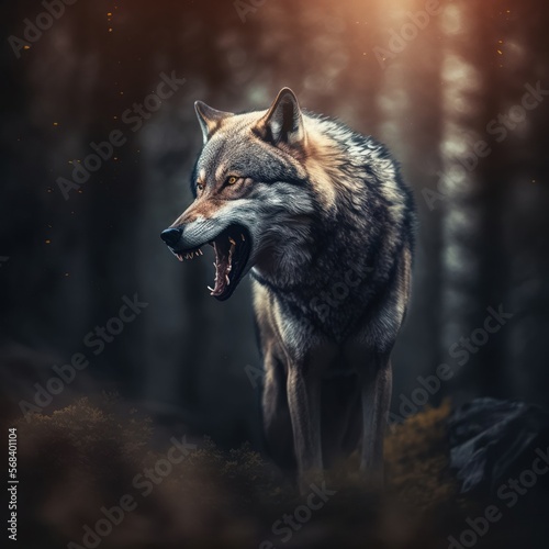 Wolf in seinem natürlichen Lebensraum, moody, Wildtier Portrait, magisches Bokeh erstellt durch generative AI