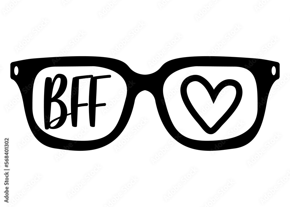 Fototapeta premium Logo con silueta aislada de gafas de sol con letras de la palabra BFF con corazón en texto manuscrito. Best friends forever