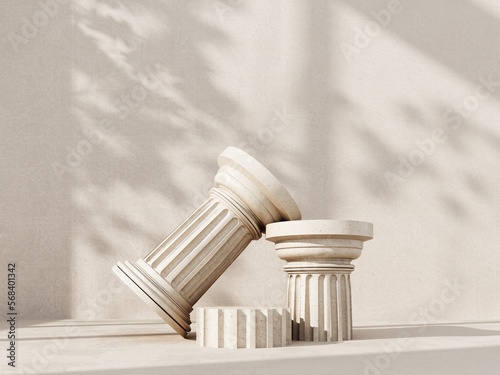 Display, showcase, podium in the form of classic Greek Doric pillars. 3d render illustration for advertising goods, products, museum expansions. Abstract natural background with shadows on the wall.