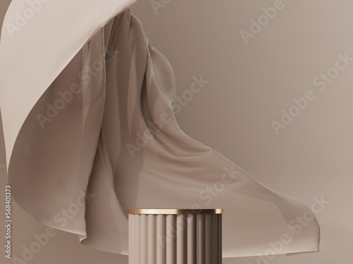 3D render podium, showcase, display on pastel stucco background with drop. Abstract geometric composition. Luxury flying cloth in motion. Glamour showcase for beauty, cosmetic product presentation. 