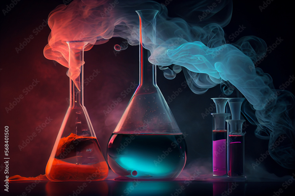 Beaker chemical flasks with colored medical liquids and colorful smoke