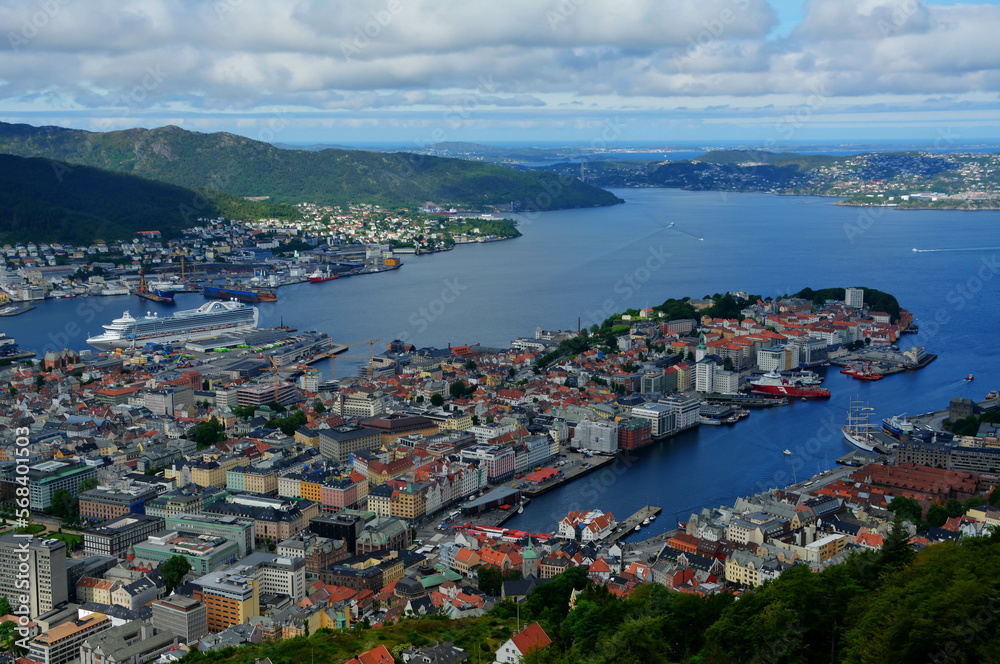 Panorama of Bergen, Norway from a hill with a funicular railway