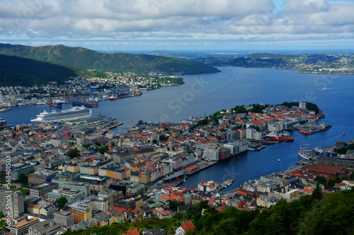 Panorama of Bergen, Norway from a hill with a funicular railway