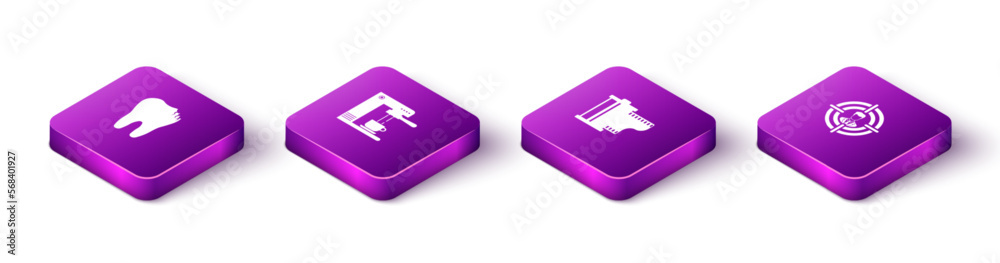 Set Isometric Broken tooth, Coffee machine and cup, Camera film roll cartridge and Head hunting icon. Vector Set Isometric Broken tooth, Coffee machine and cup, Camera film roll cartridge and Head hunting icon. Vector