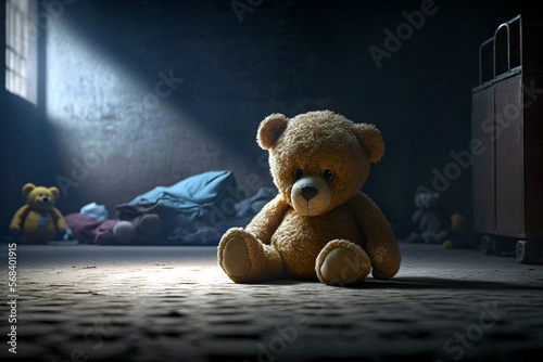 A teddy bear sitting on the floor of a dark, abandoned room. Mysterious, scary place. No love, poverty, fear, child loneliness  - concept. Ai llustration, fantasy digital, artificial intelligence