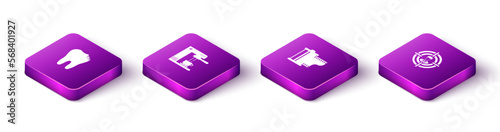 Set Isometric Broken tooth, Coffee machine and cup, Camera film roll cartridge and Head hunting icon. Vector