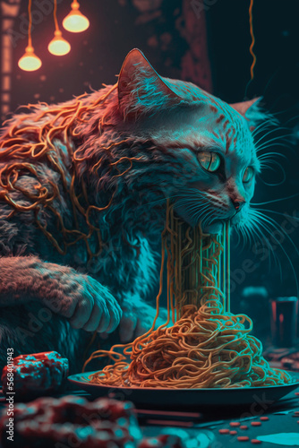Cat Eating Spaghetti. Generative AI © Ira Kozhevnikova
