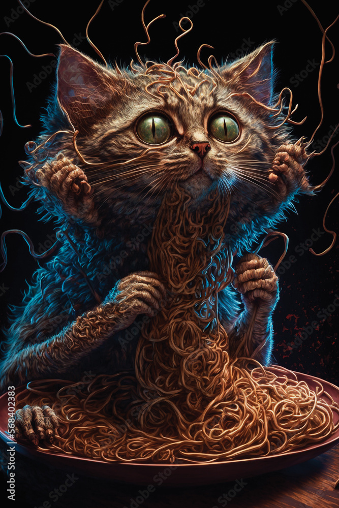 Cat Eating Spaghetti. Generative AI Cat Eating Spaghetti. Generative AI