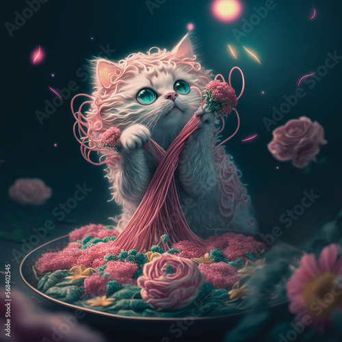 Cat Eating Spaghetti. Generative AI