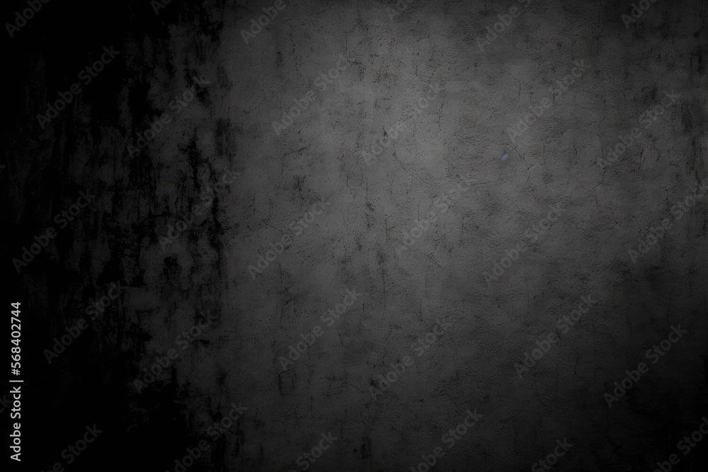 Abstract grunge black Background, Texture. Gloomy dirty old empty concrete wall. Textured rough dark grey Surface. Vintage Web banner or Wallpaper With Copy Space. Generative AI