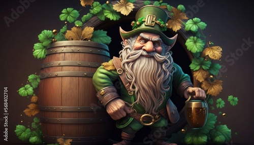 Saint Patricks' cartoon leprechaun with a barrel of beer, generative ai