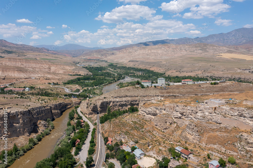 Fototapeta premium Kemah district city entrance. View of Sultan Melik Tomb and Karasu River.