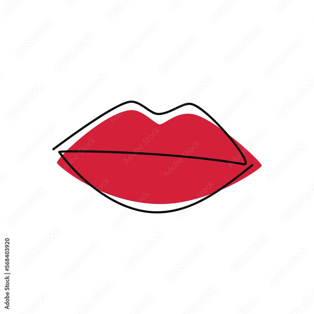 One line continuous drawing vector illustration. Outline red lips silhouette. Female hand drawn mouth linear icon. Minimal design element for print, banner, Valentine’s card, wall art poster, logo. One line continuous drawing vector illustration. Outline red lips silhouette. Female hand drawn mouth linear icon. Minimal design element for print, banner, Valentine’s card, wall art poster, logo.