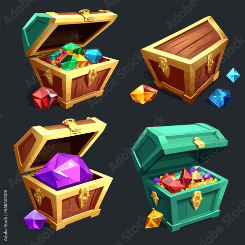 Cartoon set of ancient treasure chest . Isolated on background. Vector illustration