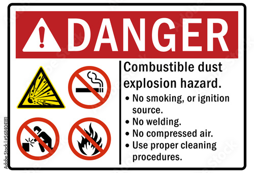 Combustible dust warning sign and labels explosion hazard. No smoking, no welding, no compressed air, use proper cleaning procedure