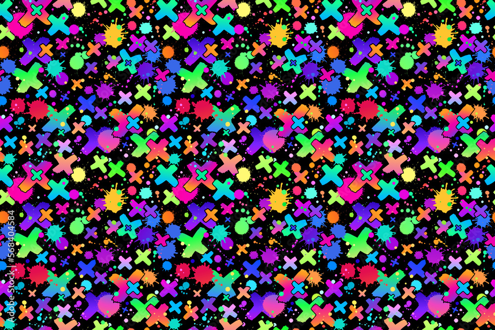 Jpg seamless pattern with colorful crosses and paint splashes