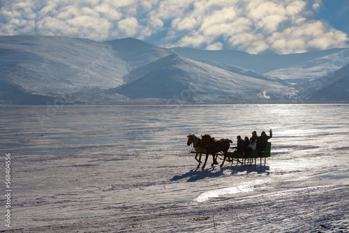 Sleigh pulled by a horse in lake frozen Cildir. Traditional Turkish winter fun. Cildir Lake , Kars , Turkey © kenan