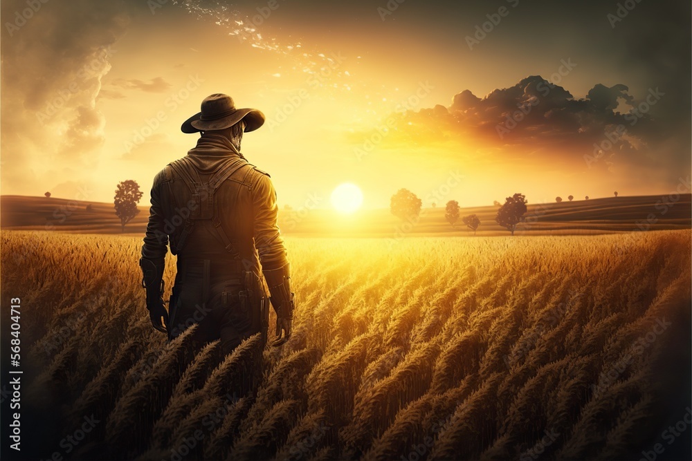 farmer standing in field of crops with sunset, concept of Harvest and Rural Life, created with Generative AI technology farmer standing in field of crops with sunset, concept of Harvest and Rural Life, created with Generative AI technology