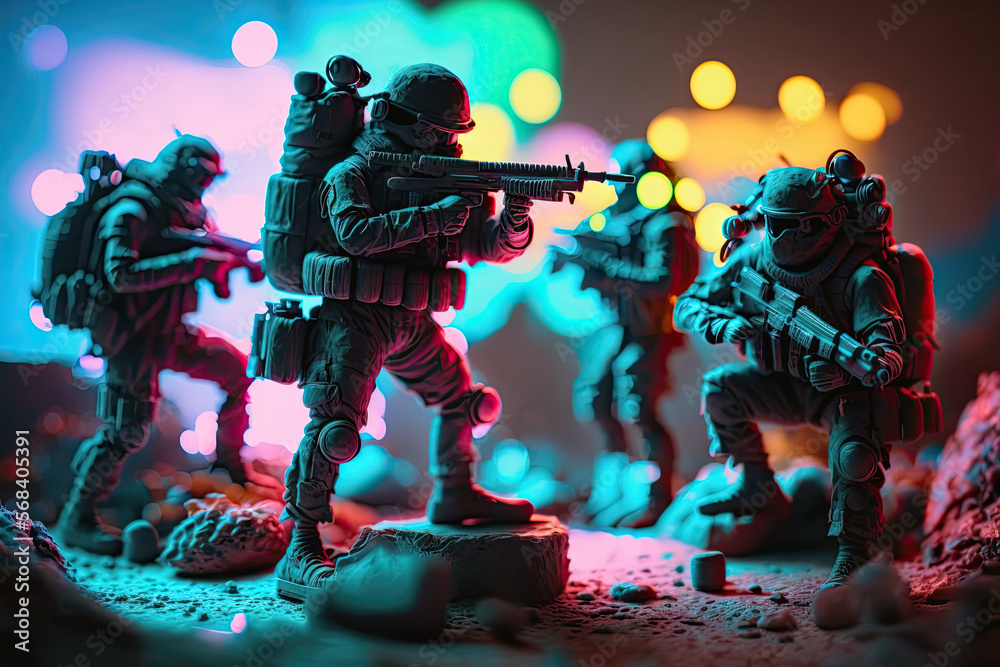squad of toy soldiers in modern ammunition on battlefield with a neon light close up. Generative AI squad of toy soldiers in modern ammunition on battlefield with a neon light close up. Generative AI
