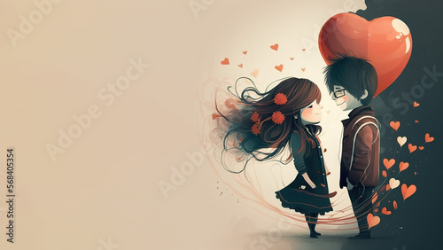 Girl with a beautiful heart and a lucky guy, Valentines's Day - Cartoon Graphic Art Illustration Banner - Generative AI